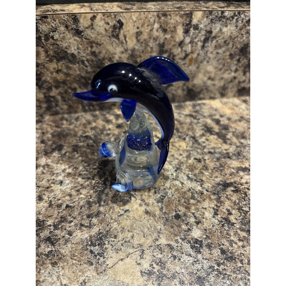 Cobalt Blue Clear Glass Dolphin Figure Paperweight